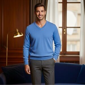 Daniel Bishop 2-Ply 100% Cashmere V Neck Sweater in Blue Size M